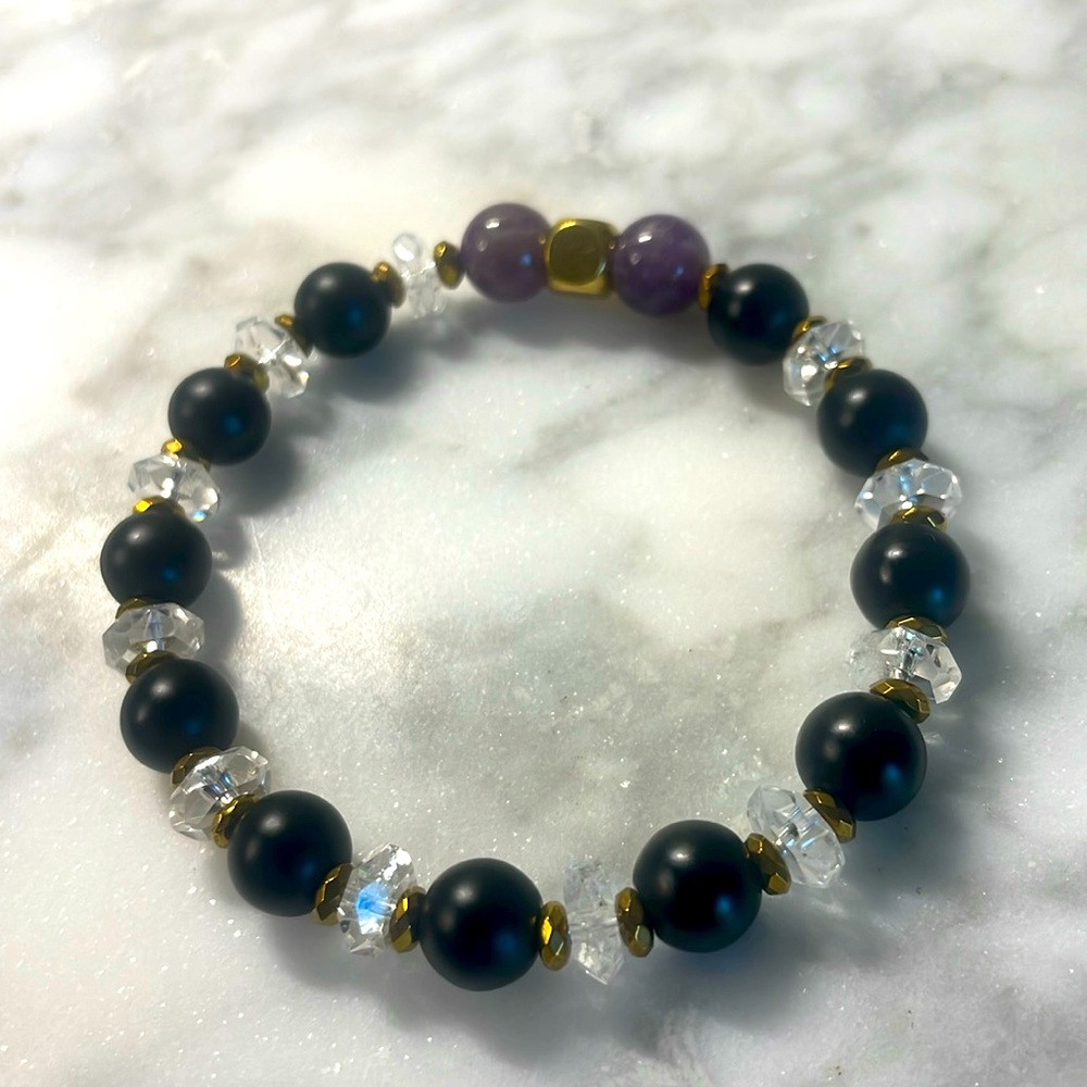 Black tourmaline & diamond cut clear quartz with amethyst bracelet